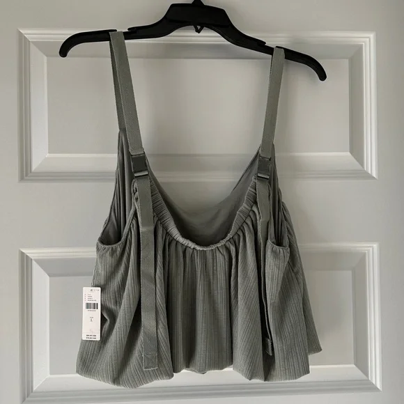 Anthropologie sheer ribbed bubble buckle Sage green crop top, Size Large, (New) - Picture 3 of 3
